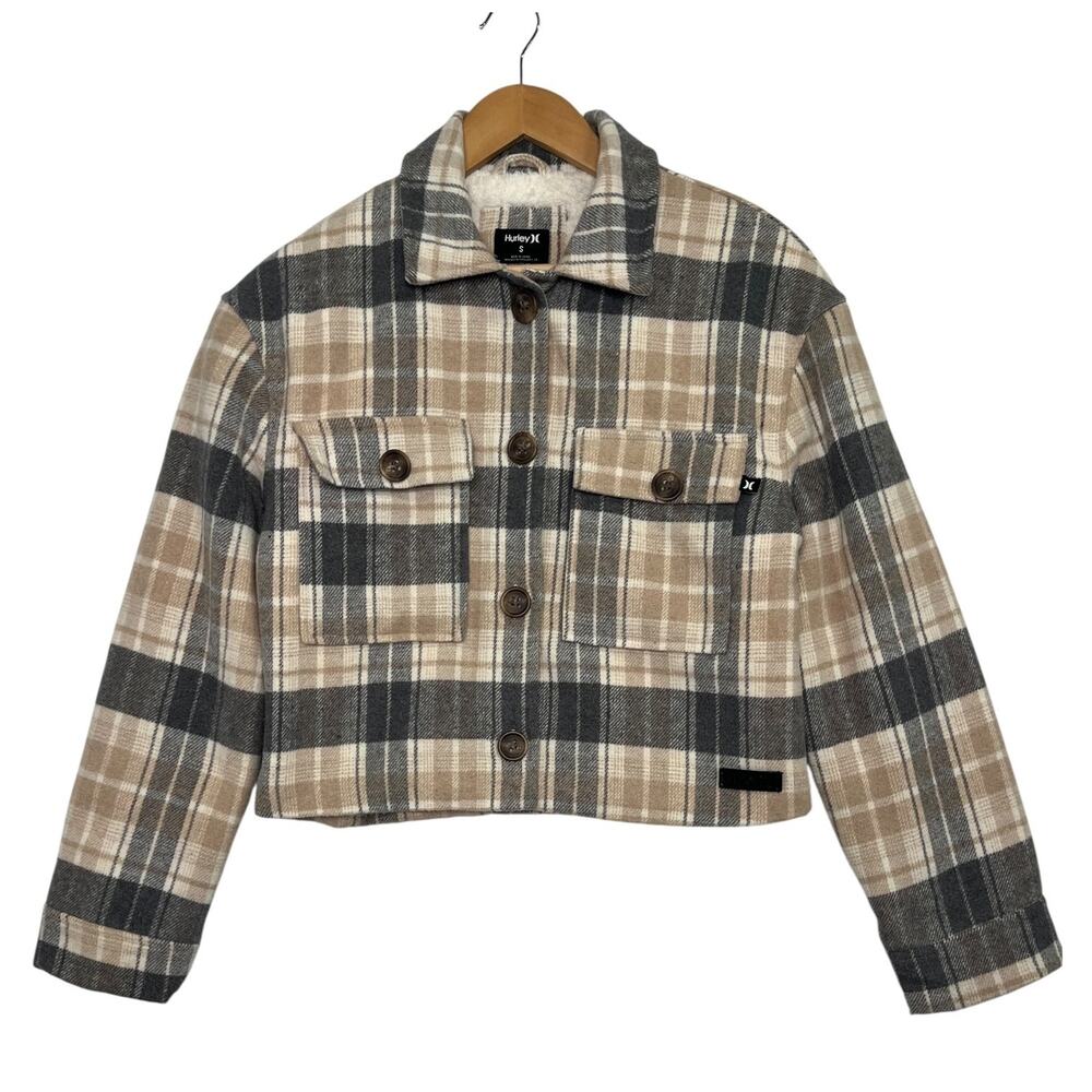 Hurley Shacket Cropped Jacket Womens Small Tan Gray Plaid Sherpa Outdoor Winter